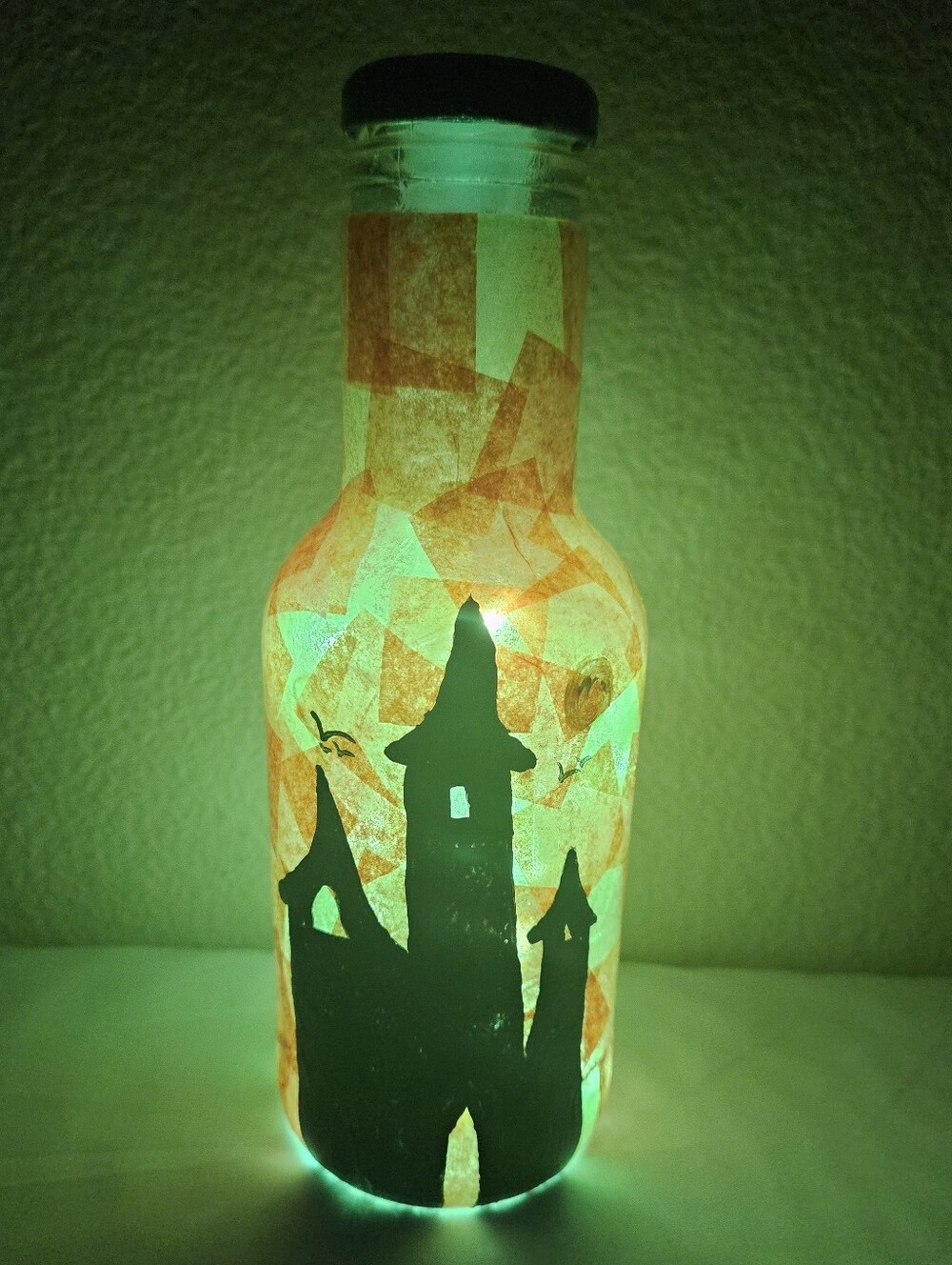 Hand Painted Halloween Haunted Castle Light-Up Bottle | 8"